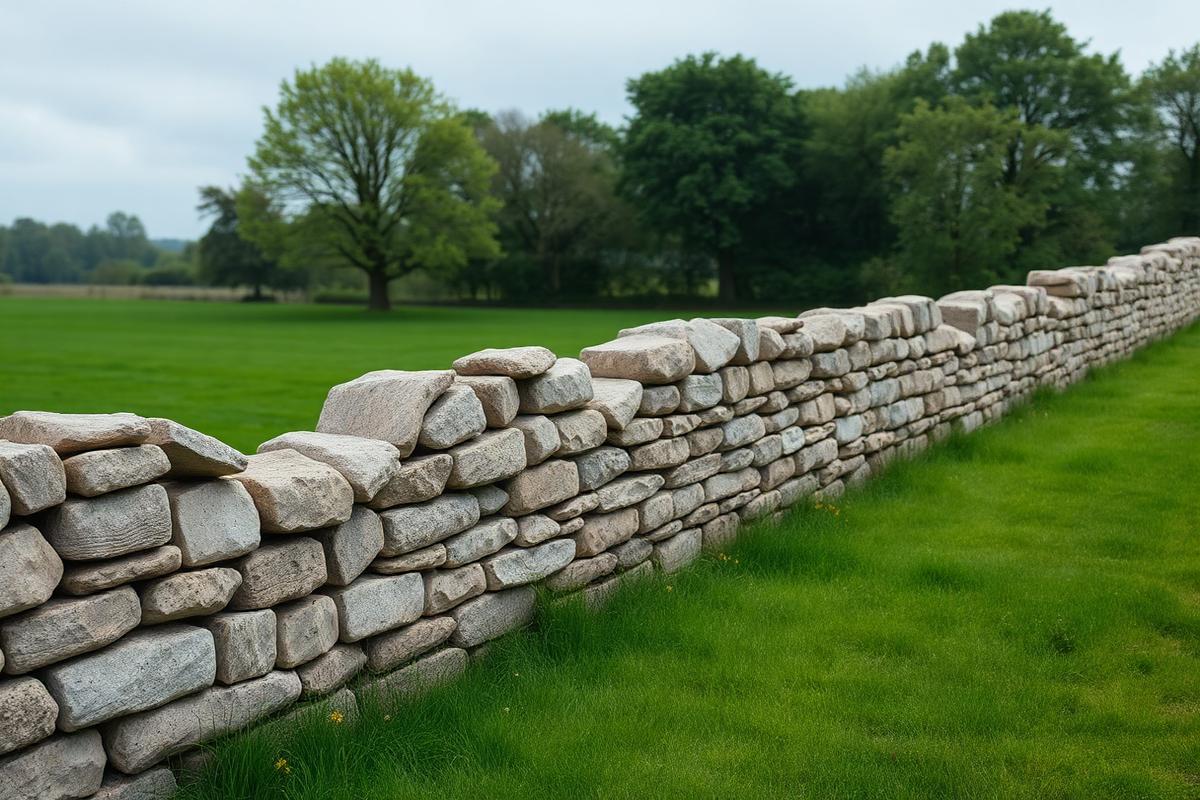 Rebuilt Cotswold dry stone field wall with level courses and upright comber coping stones