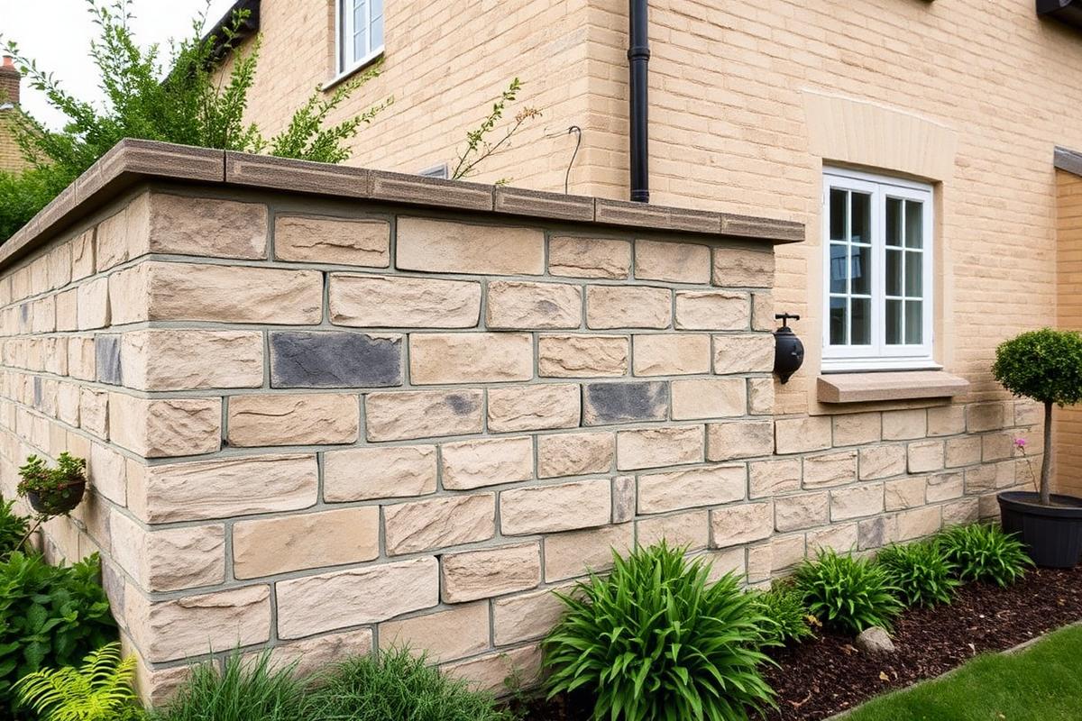 Rebuilt cottage garden wall in matching Cotswold limestone with fresh lime mortar pointing