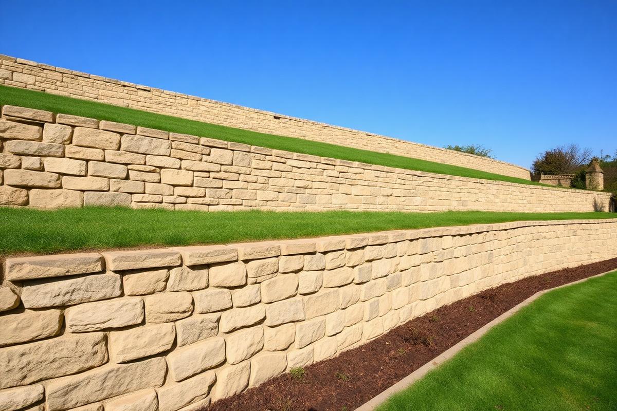 Rebuilt stone retaining wall with correct batter and free-draining backfill holding the garden bank